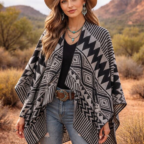AKIRA Sweaters - Akira Southwest Black Gray Print Western Poncho One Size Women’s Aztec